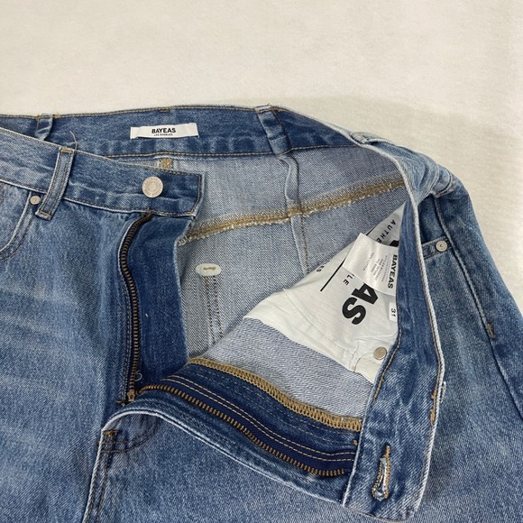 BAYEAS Frayed Hems Drop Crotch Barrel Jeans 31 Distressed Wide Leg Blue Denim - Picture 3 of 10